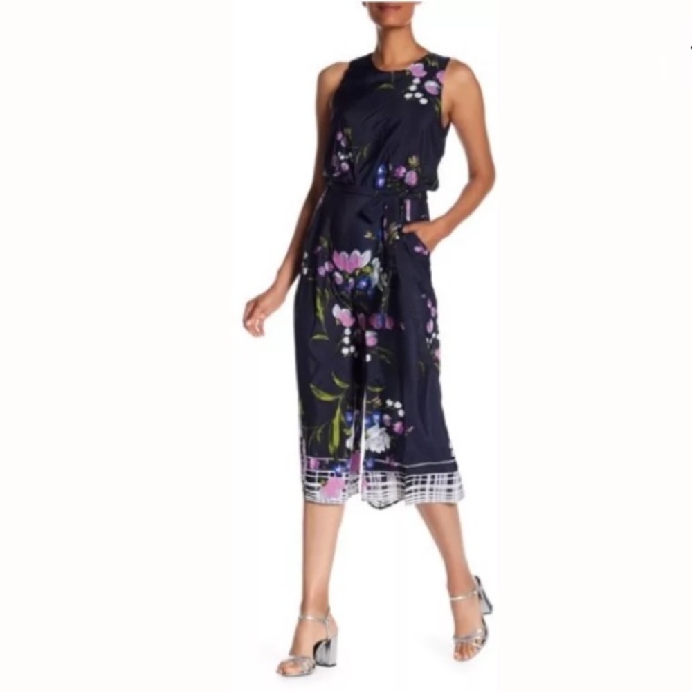 NWT Vince Camuto Floral Waist Tie Jumpsuit Navy 6